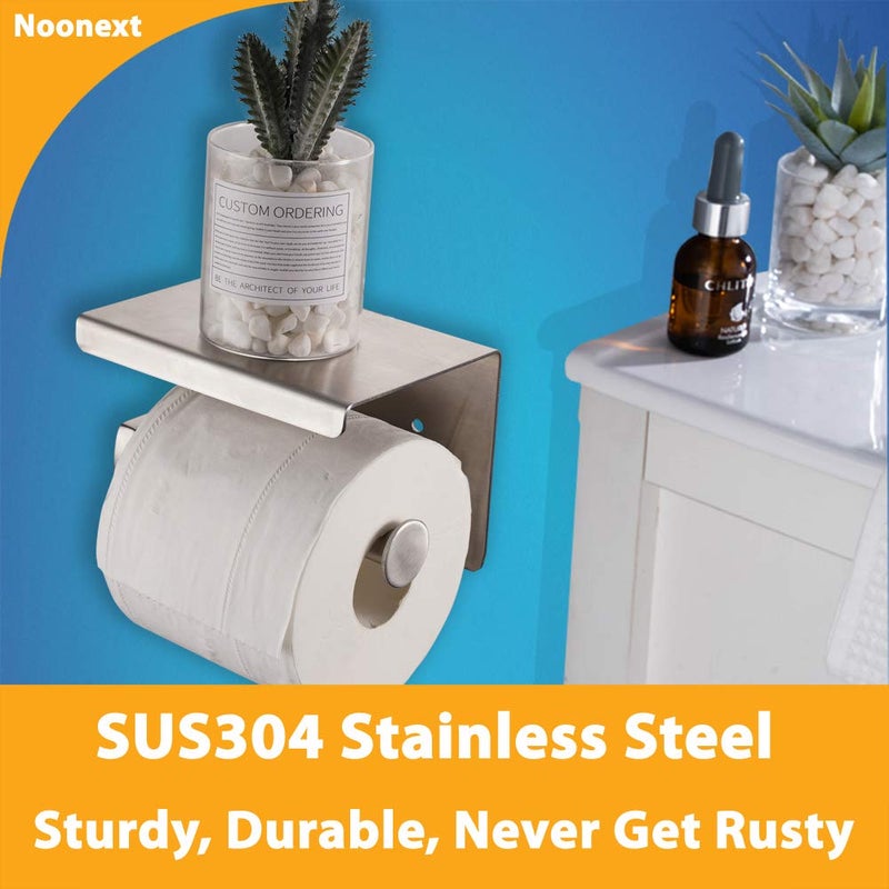 Noonext Adhesive Toilet Paper Holder with Shelf, Toilet Paper Roll Holder Wall Mounted, Fits Mega Roll, Stainless Steel Tissue Roll Dispenser Storage No Drilling (Brushed Nickel) - Image 2